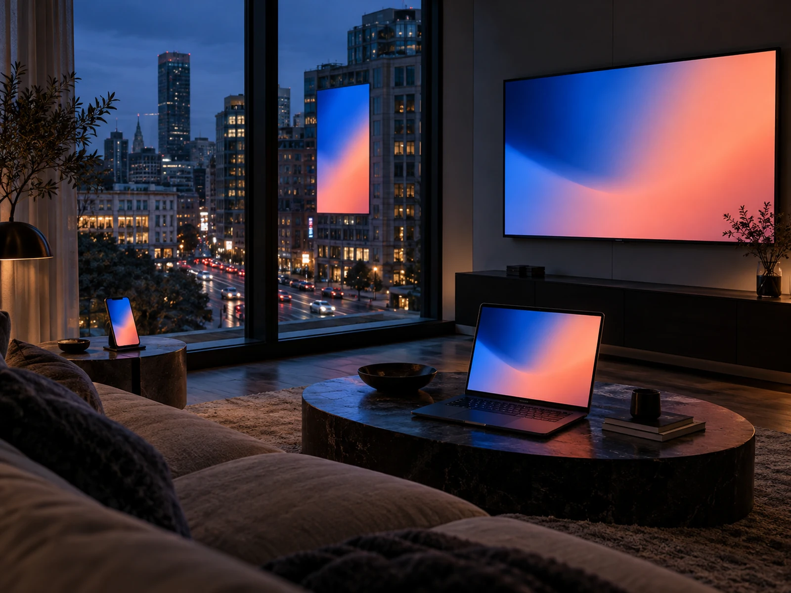 The same ad on a phone, laptop, TV and street screen